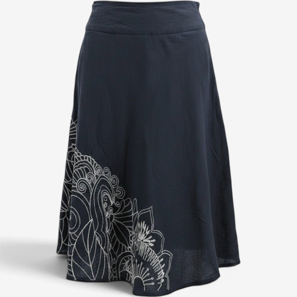 Midi Skirt and Necklace Set Floral Embroidered Large Blue Flared Botanical